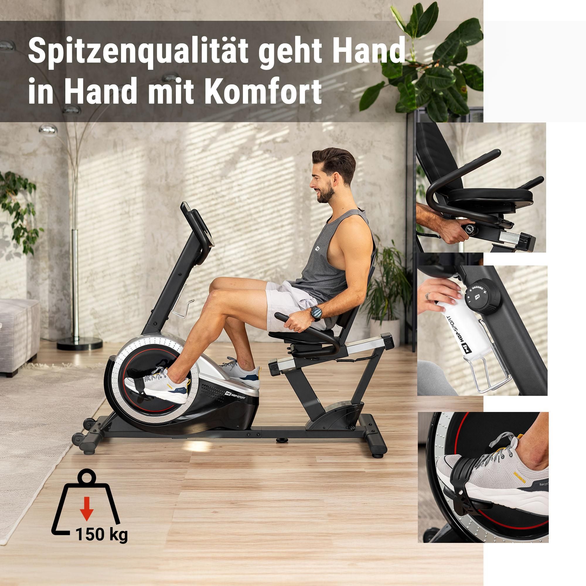 Hop-Sport Liegeergometer HS-060L - Liegeheimtrainer mit Handpulssensoren, 15 kg Schwungmasse, 8  Widerstandsstufen - Sitzergometer für Senioren max. Benutzergewicht 130 kg silber
