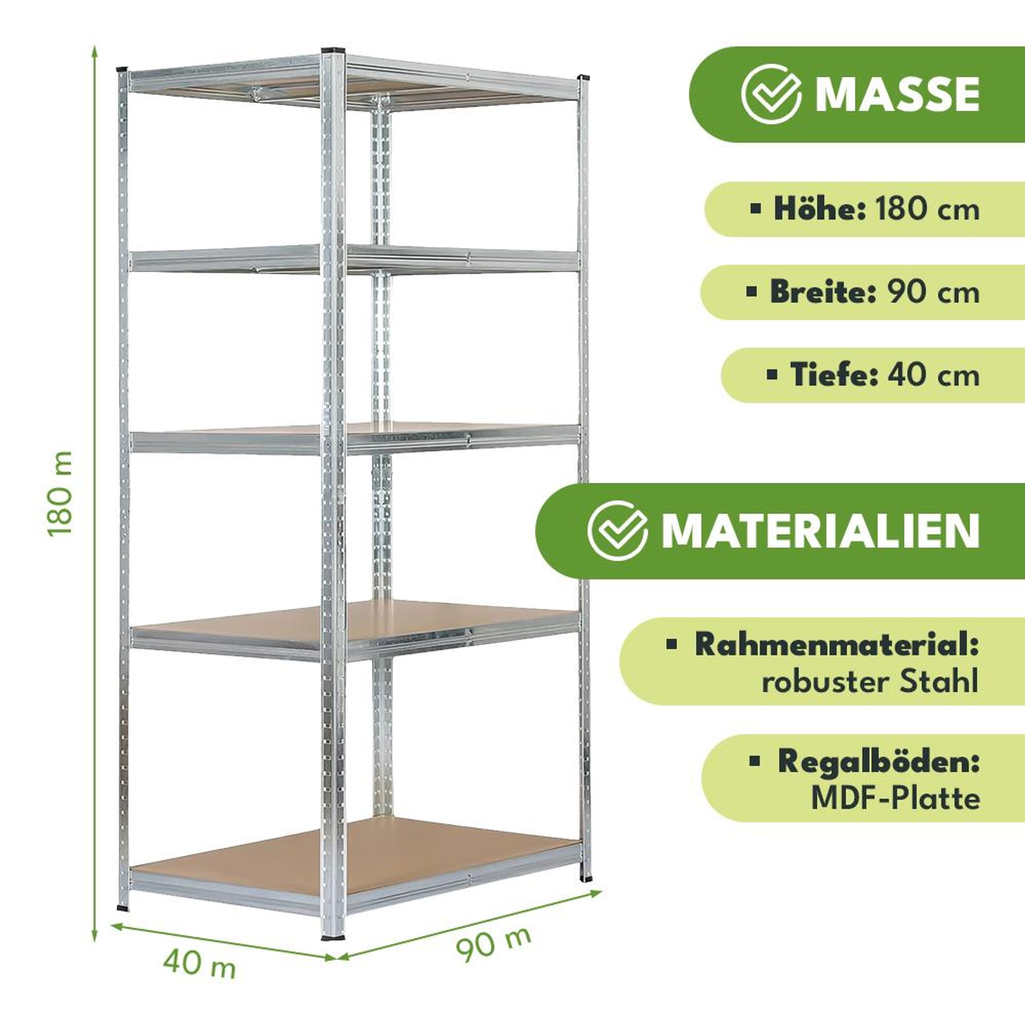KRUMAD Schwerlastregal Set 2 Stück 180x90x40 cm, 5 MDF Böden je Regal, 875 kg Tragkraft, Metall Steckregal für Garage & Werkstatt