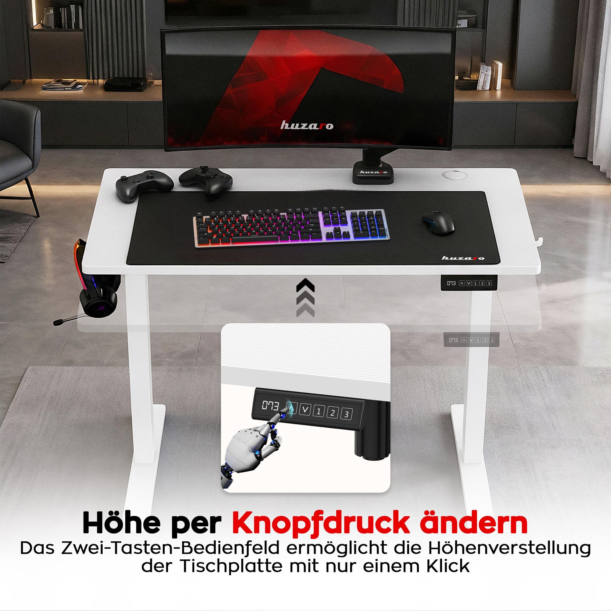 Huzaro Hero 7.9 | Höhenverstellbarer Schreibtisch Stehschreibtisch | 100x60cm | Stufenlos Verstellbar Metallkonstruktion Kabeldurchführung | Weiß