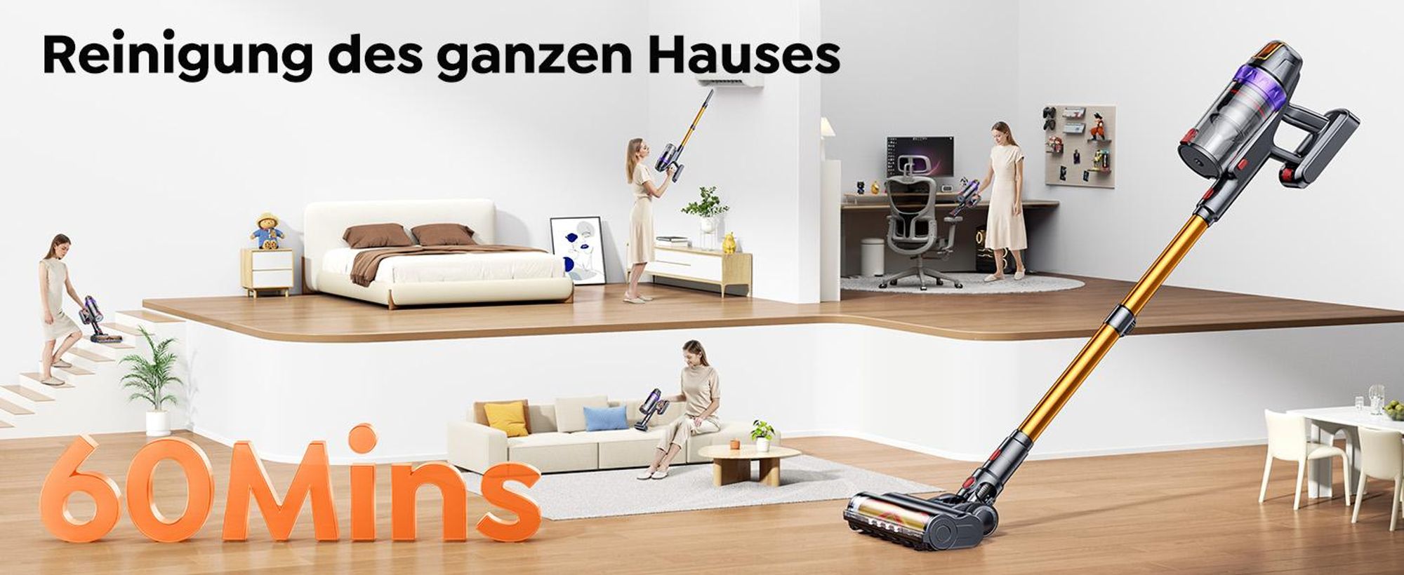 Buture VC90 Akku Staubsauger, 650W/65.000pa Staubsauger Kabellos mit Touchscreen, Bis zu 60 Min Laufzeit, Kabelloser Anti-Tangle-Staubsauger