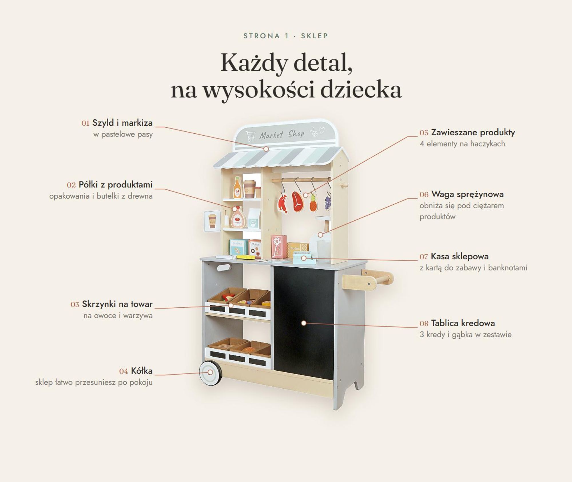 Duży drewniany sklep dla dzieci stragan z akcesoriami (59 elementów) do zabawy - warzywniak supermarket XXL