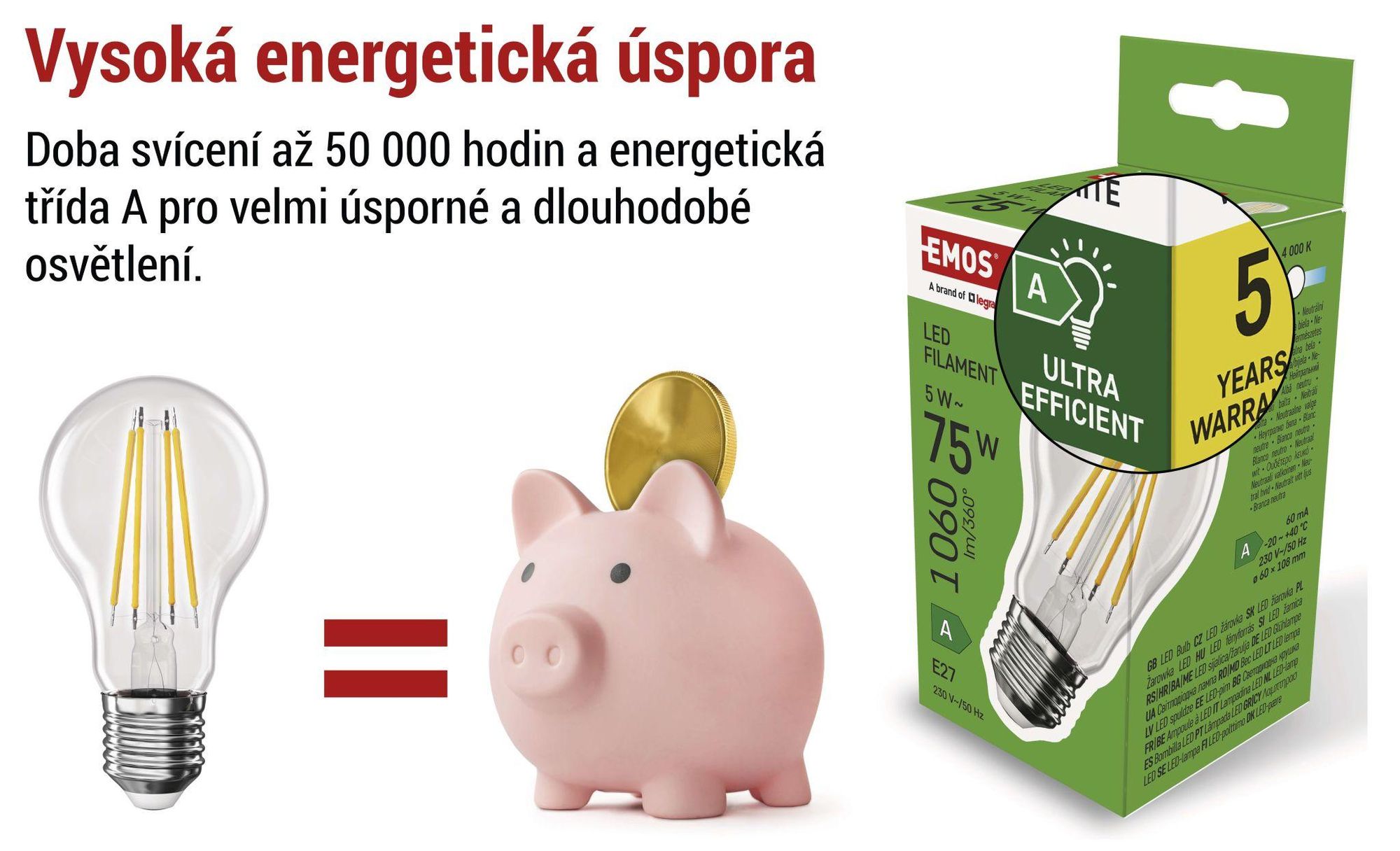 EMOS LED žárovka Filament A60 / E27 / 5 W (75 W) / 1 060 lm / neutrální bílá, ZF5158