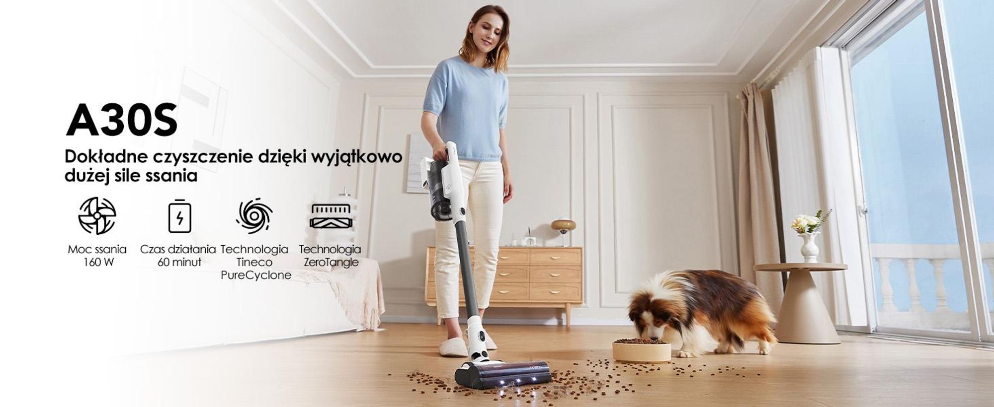 Tineco A30S Odkurzacz Bezprzewodowy 20kPa 60min ZeroTangle 1L Pojemnik