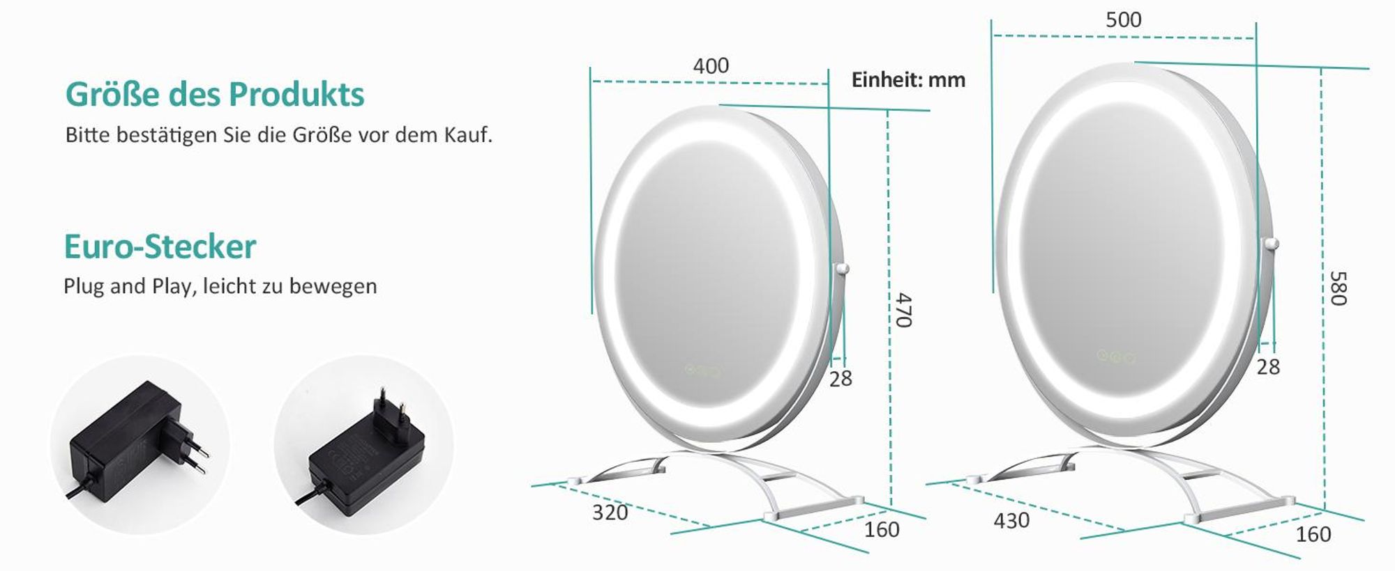 EMKE Schminkspiegel mit Beleuchtung, Hollywood Spiegel mit 3 Lichtfarben, Smart-Touch-Steuerung Schminktisch Spiegel mit Licht 360° drehbar, Einstellbare Helligkeit und Memory-Funktion (Φ400mm, Weiß)