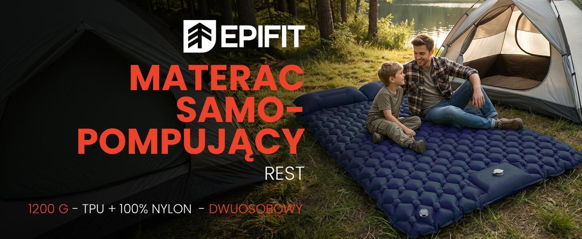Granatowy materac samopompujący dwuosobowy bardza lekki