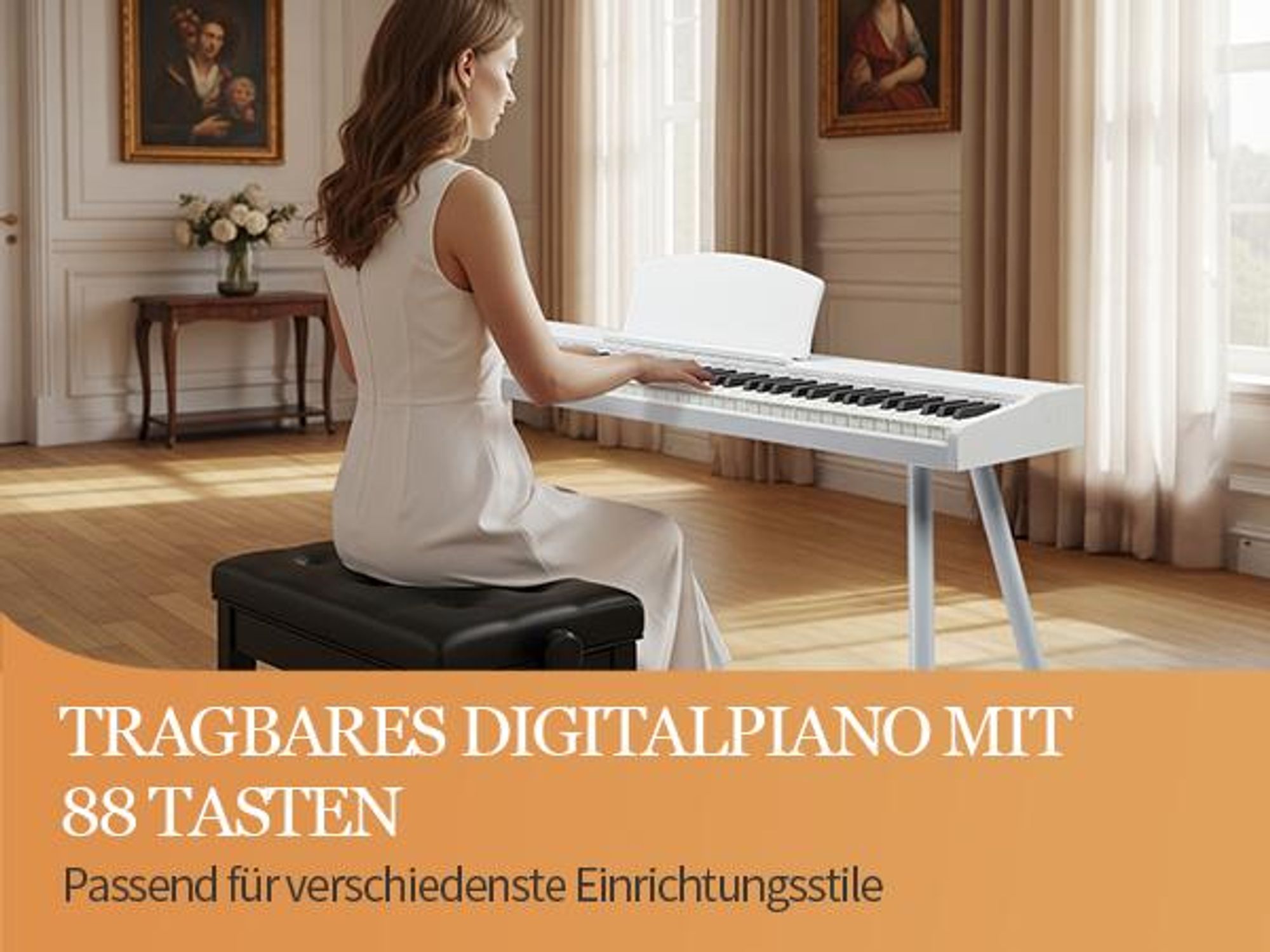 FCH 88-Tasten E-Piano halbgewichtete Tasten, Digital Keyboard mit Dual-Bluetooth, Aufnahmefunktion, Transponierung & Dual-Keyboard-Funktion,Weiß