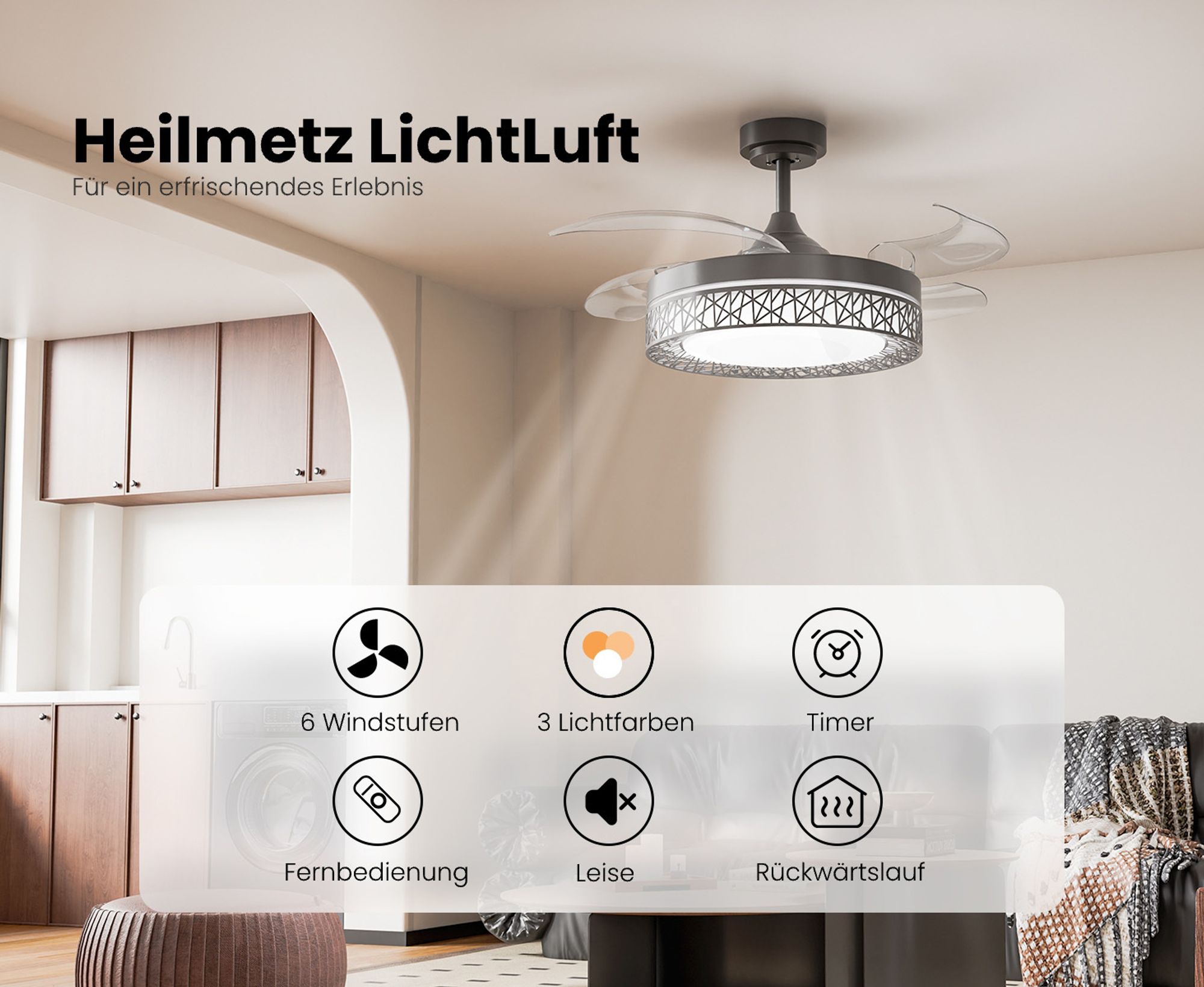 Heilmetz Deckenventilator mit Beleuchtung Ø 108 cm, Dimmbar, 6 Geschwindigkeiten, 3 Lichtfarben mit Fernbedienung & Timer, Schwarz