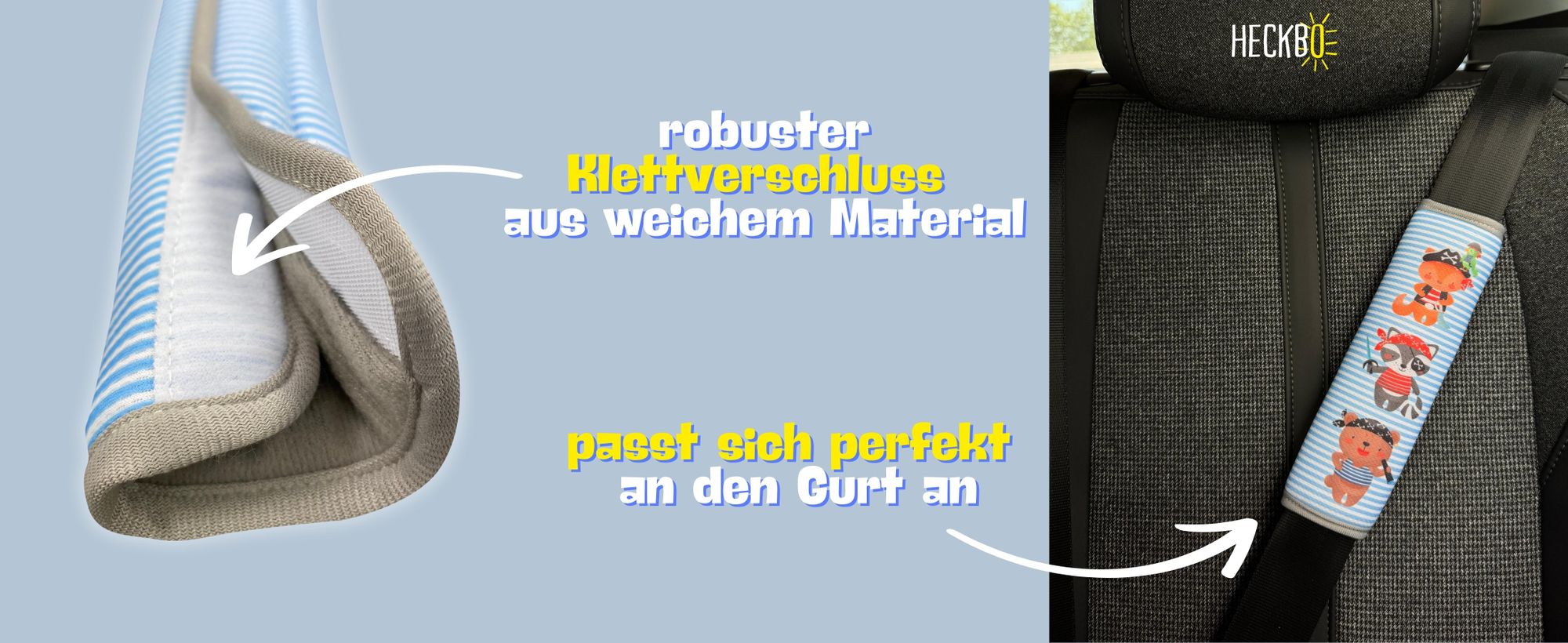 1x HECKBO Auto Gurtschutz mit Piraten Tieren - Sicherheitsgurt Schulterpolster Schulterkissen Gurtschoner Autositze Gurtpolster für Kinder, Jungen Mädchen - Schutz vor Einschneiden des Gurtes