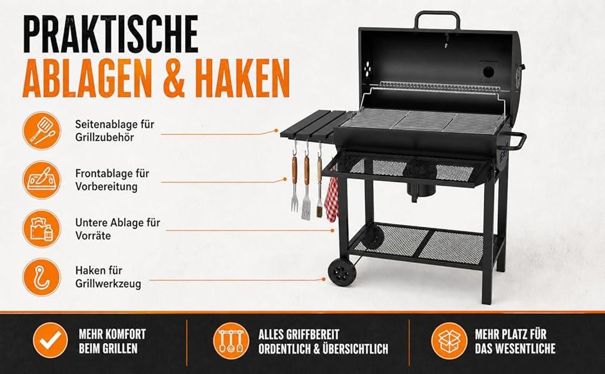 Kohlegrill, Grillwagen, mit Deckel, Thermometer und Kamin, Warmhaltegitter, Ablage, Aschebehälter und mit Rädern, für Garten und Terrasse