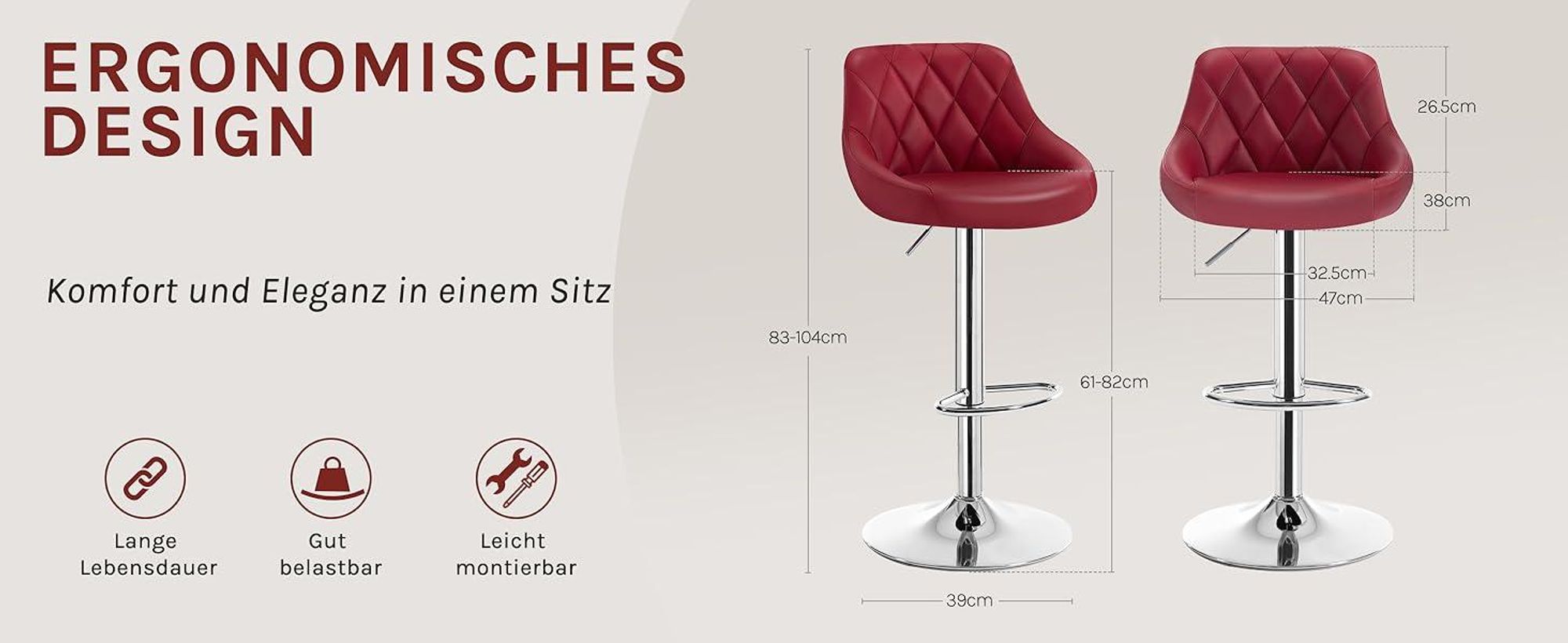 WOLTU 2er Set Barhocker Barstuhl leichte reinige Kunstleder, Gute gepolsterte Sitzfläche, Höhenverstellbar 360° Drehbar, Farbwahl, Bordeaux
