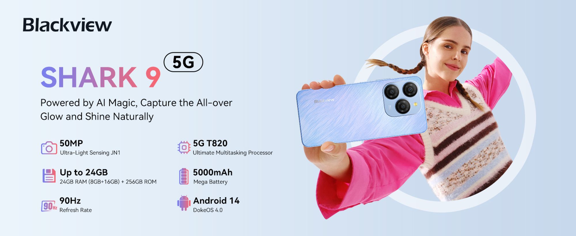 Blackview Shark 9 telefon komórkowy 5G 24GB(8+16GB)+256GB/2TBTF, Octa Core, Super PD 50MP album fotograficzny AI, smartfon bez umowy, 6,67", 5000mAh, Dual SIM, 4K Video