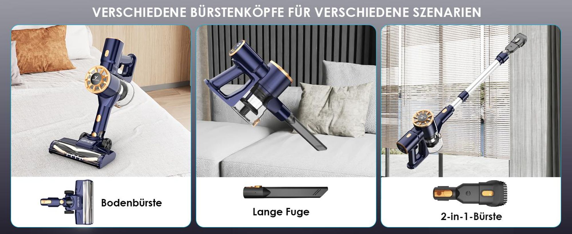 Akku Staubsauger 60000Pa, 350W Saugkraft, 55Min Laufzeit, LED Anzeige, HEPA Filtersystem, Teleskoprohr, ideal für Teppiche, Böden & Tierhaare