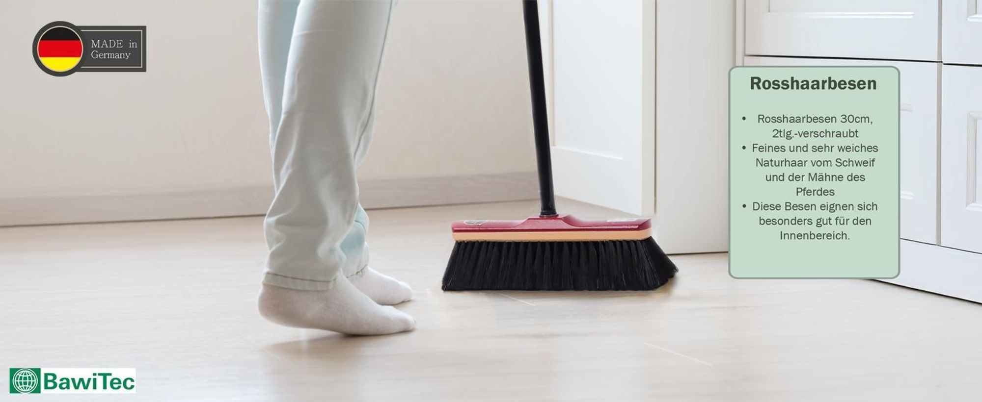 BawiTec Echt Rosshaarbesen Zimmerbesen 30cm lackiert Kehrbesen Rosshaar weich