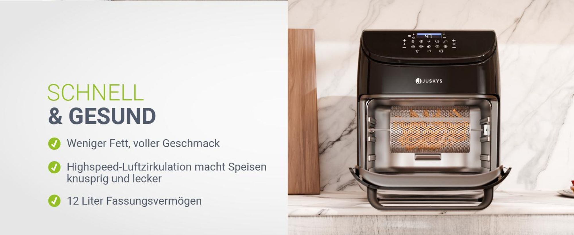 Juskys Heißluftfritteuse 12L – Airfryer mit 10 Programmen, max. 200 °C & Zubehör - Schwarz
