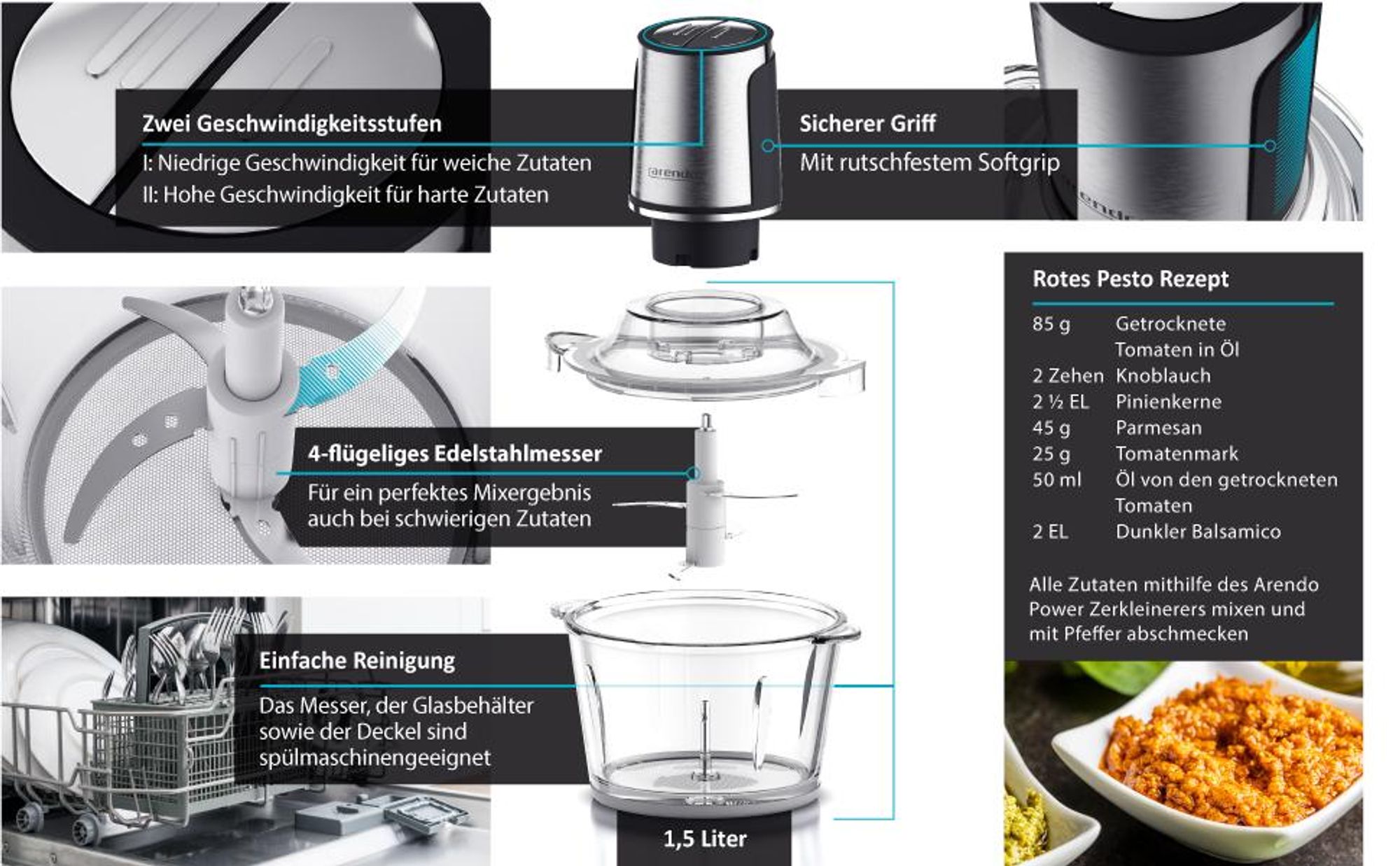 Arendo Elektrischer Multizerkleinerer - Universal Zerkleinerer mit 1,5 L Glasbehälter
