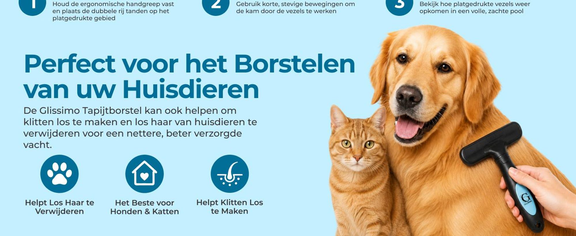 Glissimo - Tapijt Borstel - Vezels losmaken - Ook geschikt voor huisdieren - tapijt herstellen - Geplet tapijt herstellen - Ergonomisch