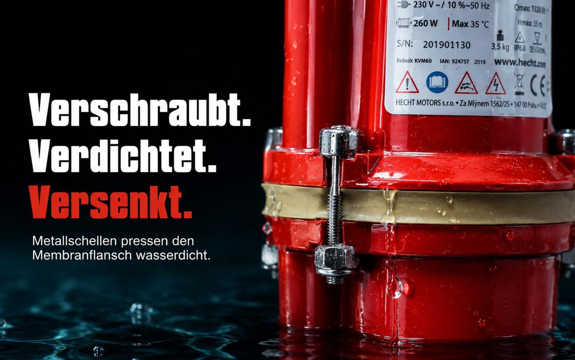 HECHT 3301 Membranpumpe Brunnenpumpe | 300 W | 1400 l/h | DN 100 | 100 mm Außendurchmesser
