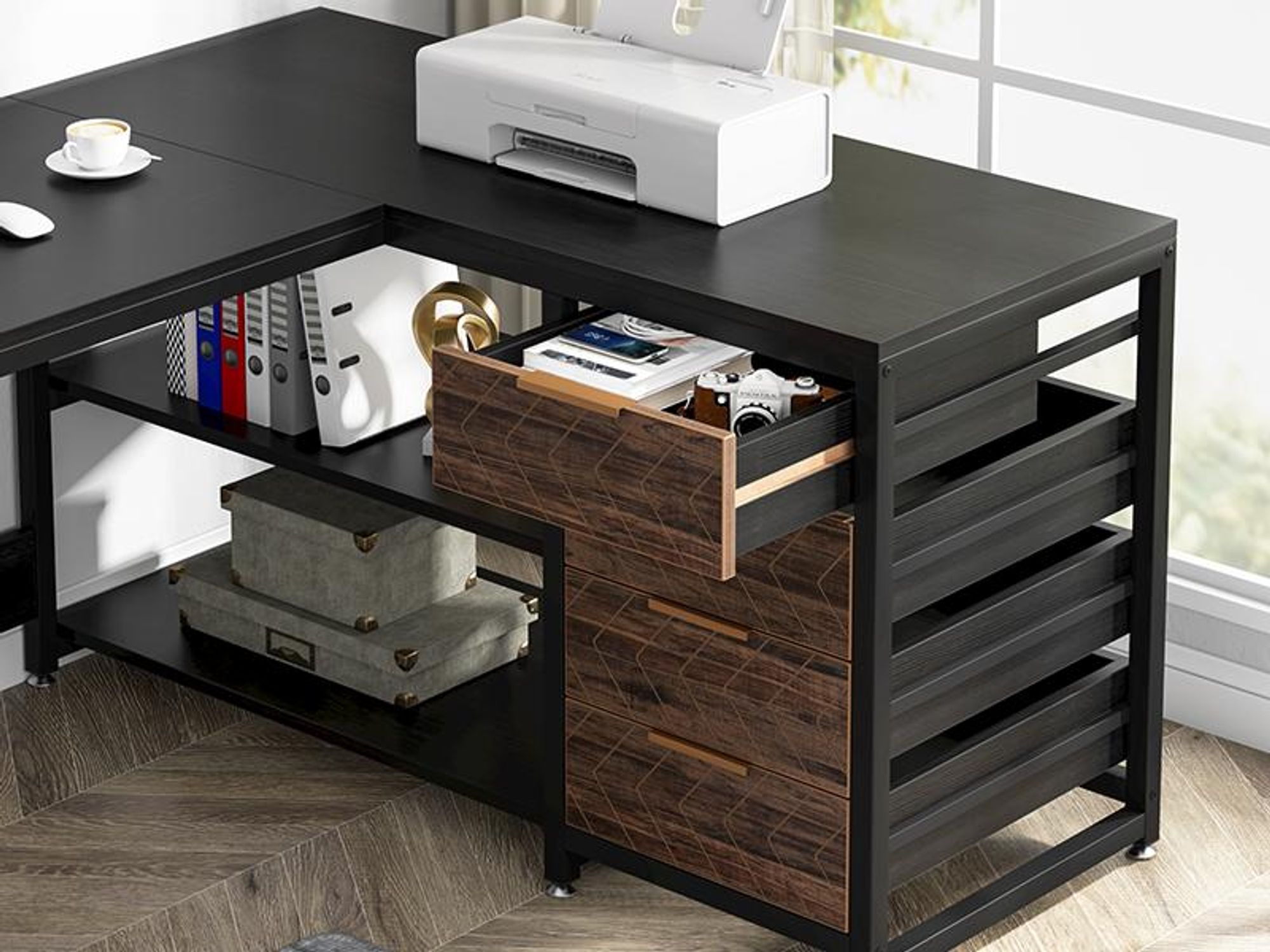 Tribesigns L-förmiger Schreibtisch mit Schubladen, 150 cm Eckschreibtisch mit Regalen, umkehrbarer L-förmigerBüro Arbeitstisch, HomeOffice, Schwarz