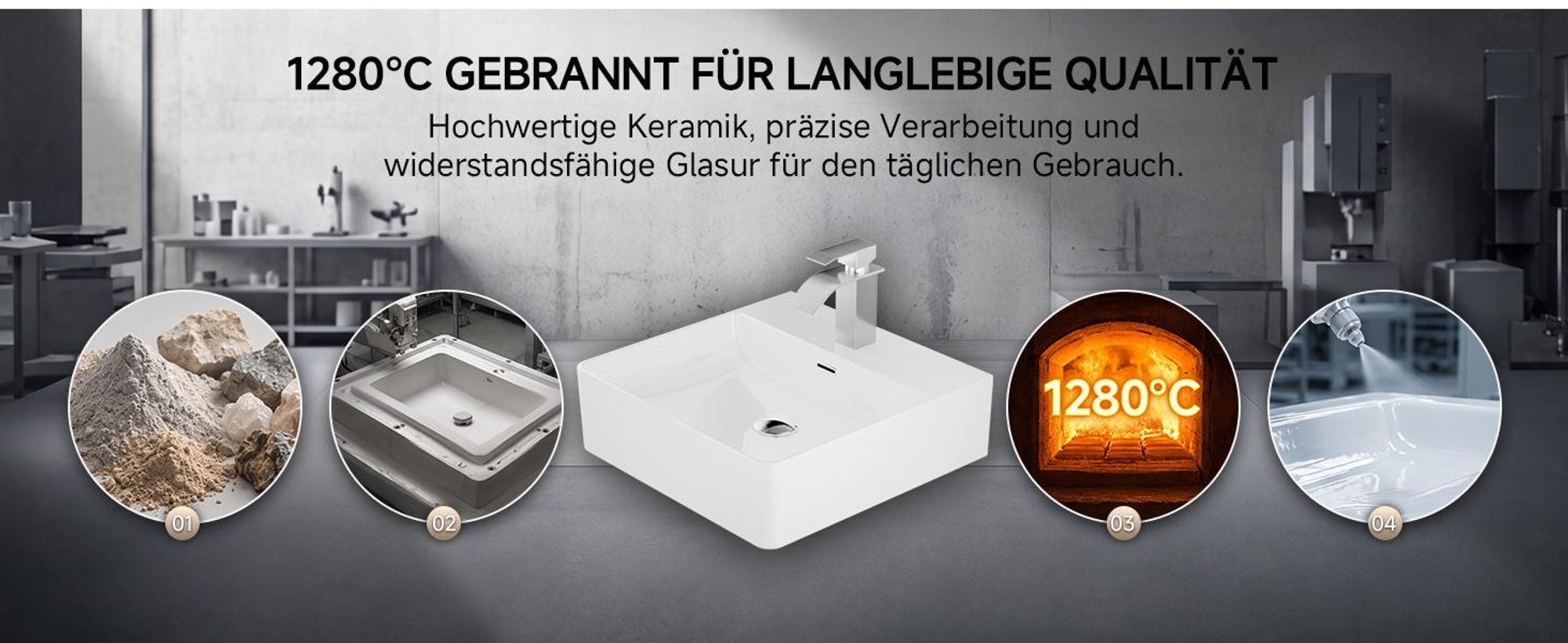 Waschbecken 50x42 cm mit Armatur Set, Keramik Aufsatzwaschbecken eckig, Cecipa MAX Badwaschbecken Wandmontage, Wasserfall Armatur pflegeleicht