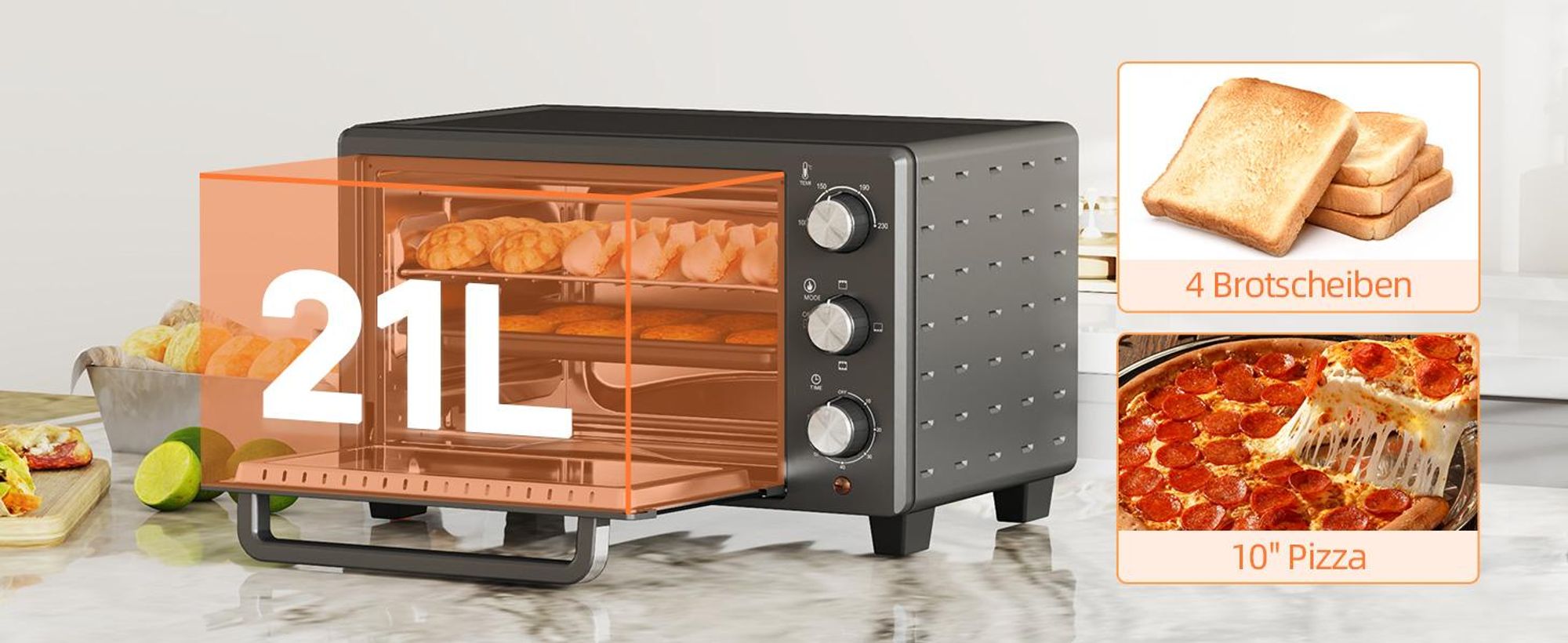HOMCOM Minibackofen 21L 1400W 60 Min Timer, Kleinbackofen mit 100 °C-230 °C
