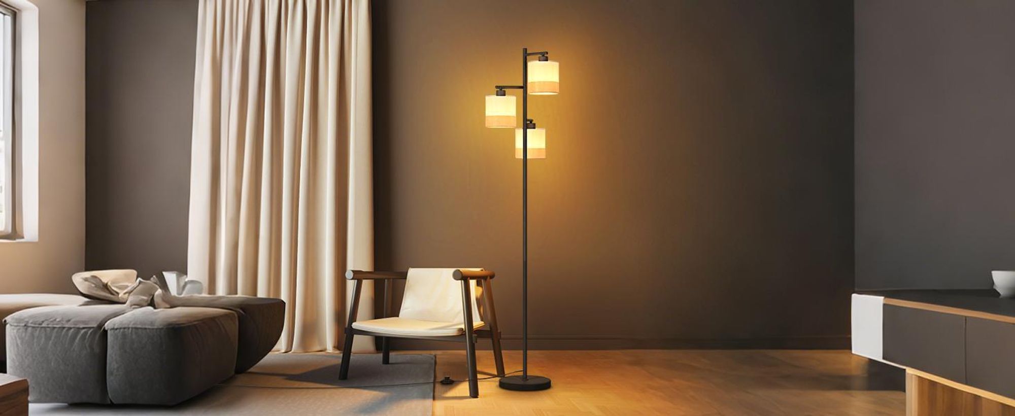 ZMH Stehlampe Wohnzimmer Stehleuchte Stoff Standlampe 3 Flammig Standleuchte Schwarz Leselampe E27 Bodenlampe mit Fußschalter für Schlafzimmer Büro