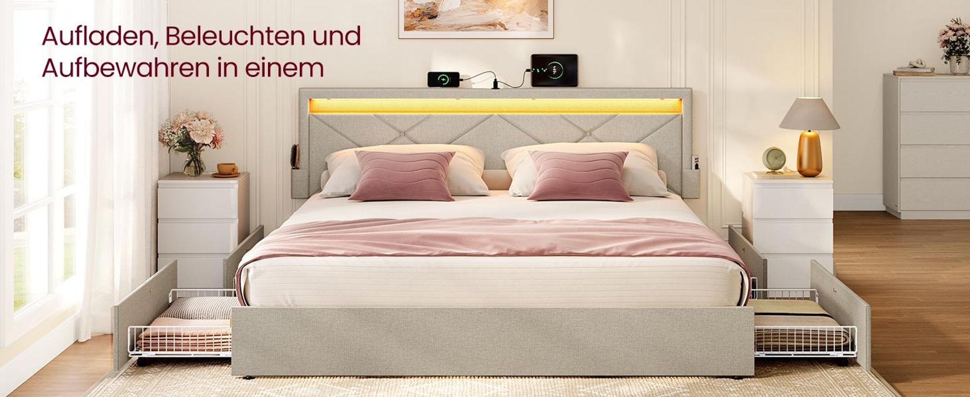 VASAGLE Doppelbettgestell, Bettgestell, 160 x 200 cm, LED, Metallbett, 4 Schubladen, Ladestation, verstellbares gepolstertes Kopfteil, Cappuccinobeige