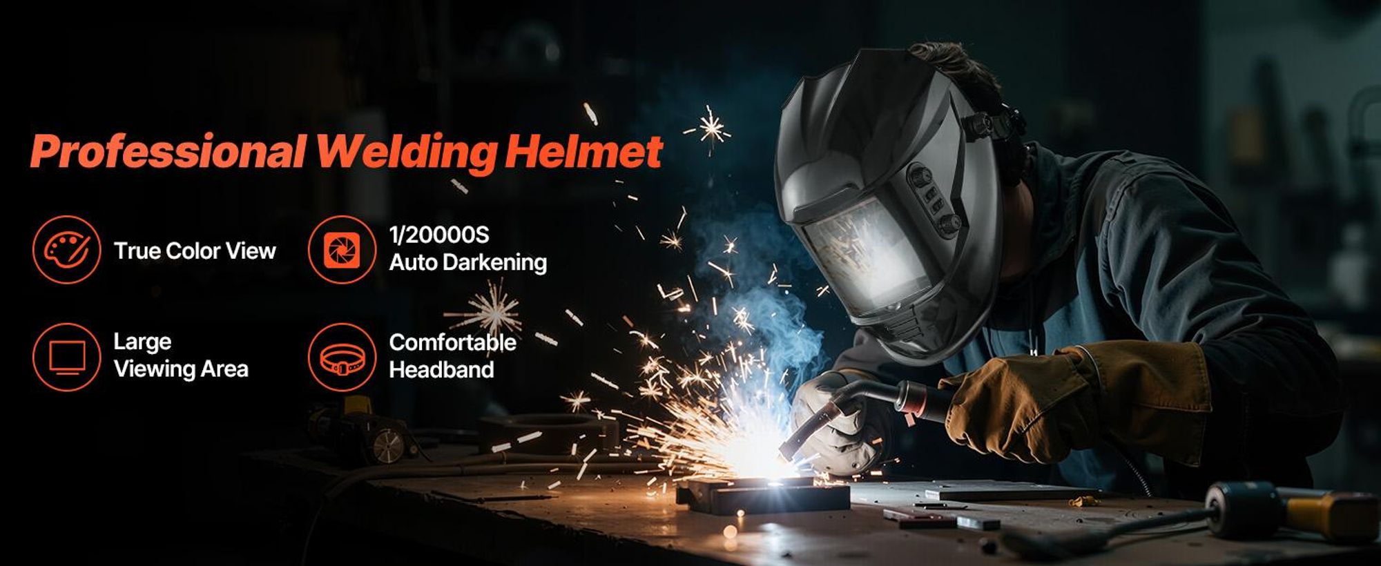 VEVOR Schweißhelm mit automatischer Abdunkelung, 100 x 59,4 mm True Color Schweißhaube, solarbetriebene Schweißmaske mit 4 Lichtbogensensoren, breiter Schutzbereich 4/5-9/9-13 für TIG MIG ARC Schweißen Schleifen Schneiden - METIS Serie, 100x95 mm, Glänzend Schwarz
