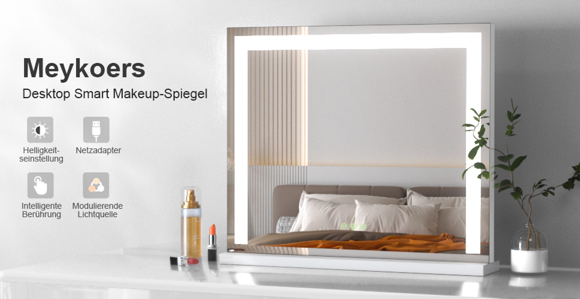 Heilmetz LED Schminkspiegel mit Beleuchtung, 60 x 52 cm Kosmetikspiegel mit 3 Lichtfarben, Hollywood Kosmetikspiegel, Dimmbar, Touch, Weiß