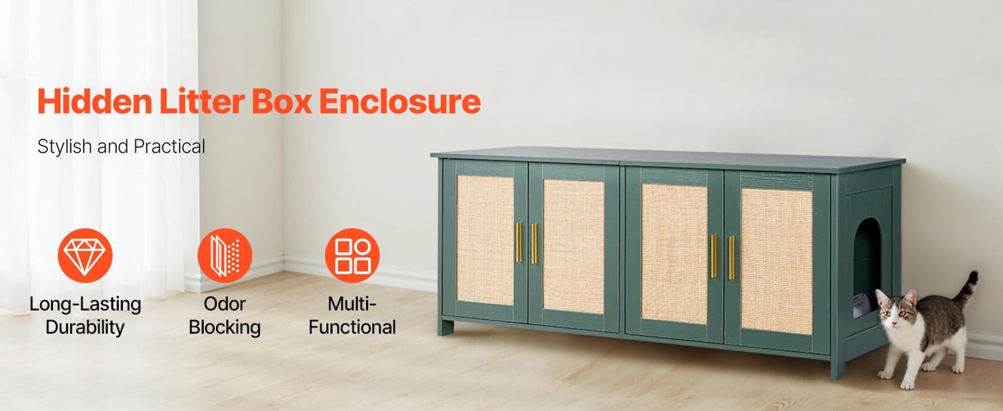 VEVOR Katzenschrank, 1200x450x500 mm, Katzentoilette mit 4 Rattantüren & 2 Eingängen, Katzenklo Schrank für den Innenbereich, Katzenhaus passend für die meisten Katzentoiletten, grün