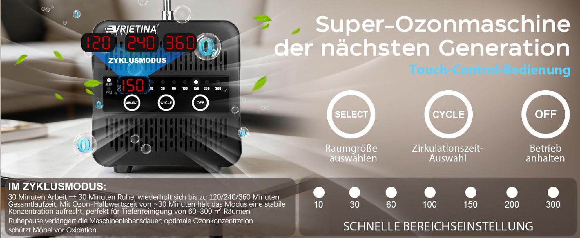 65000mg/h Ozongenerator mit Touchscreen, Luftreiniger & Ozonisator Luftstrom 300 m3/h mit 120Min Timer 35dB/150W Für Auto, Haushalt & Gewerbe, Schwarz
