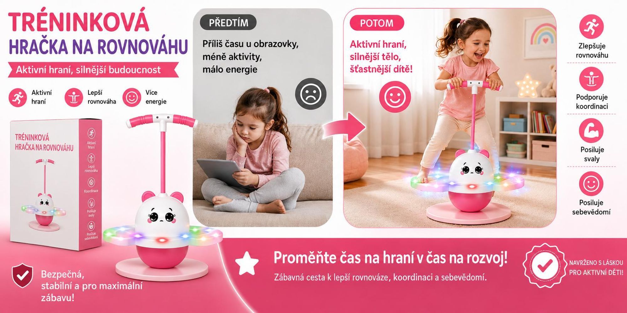 Skákací balanční hračka s LED světly, balanční deska pro děti - HOPLINKA, růžová