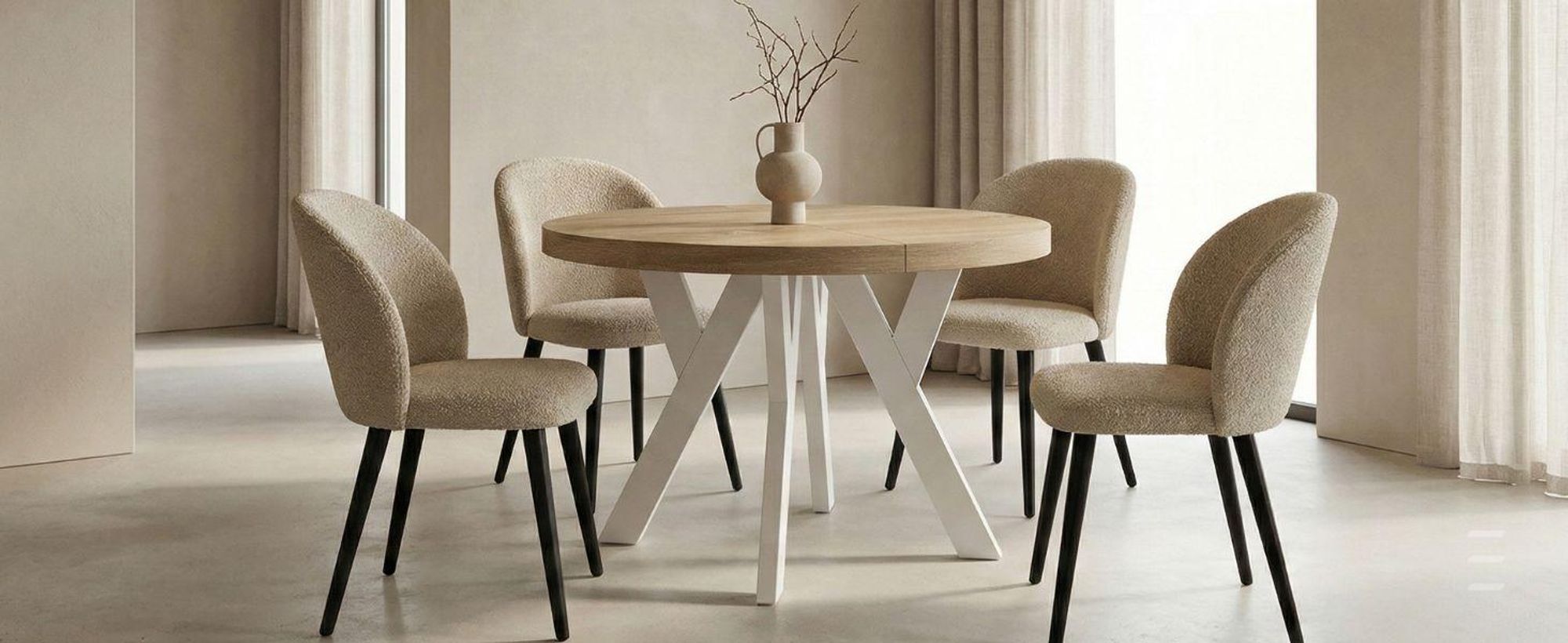 Runder Ausziehbarer Tisch für Esszimmer, PERO, Loft-Stil, Skandinavische, Durchmesser: 90 / 190 cm, Farbe: Eiche Sonoma / Weiss
