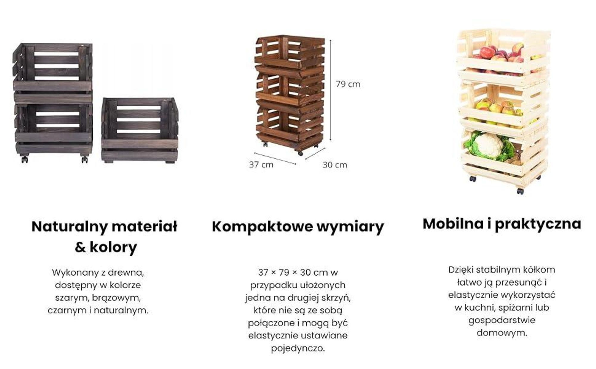 STOLMAK Drewniana Skrzynka na Owoce na Kółkach 37x79x30 cm Regał na Warzywa i Ziemniaki 3 Poziomy