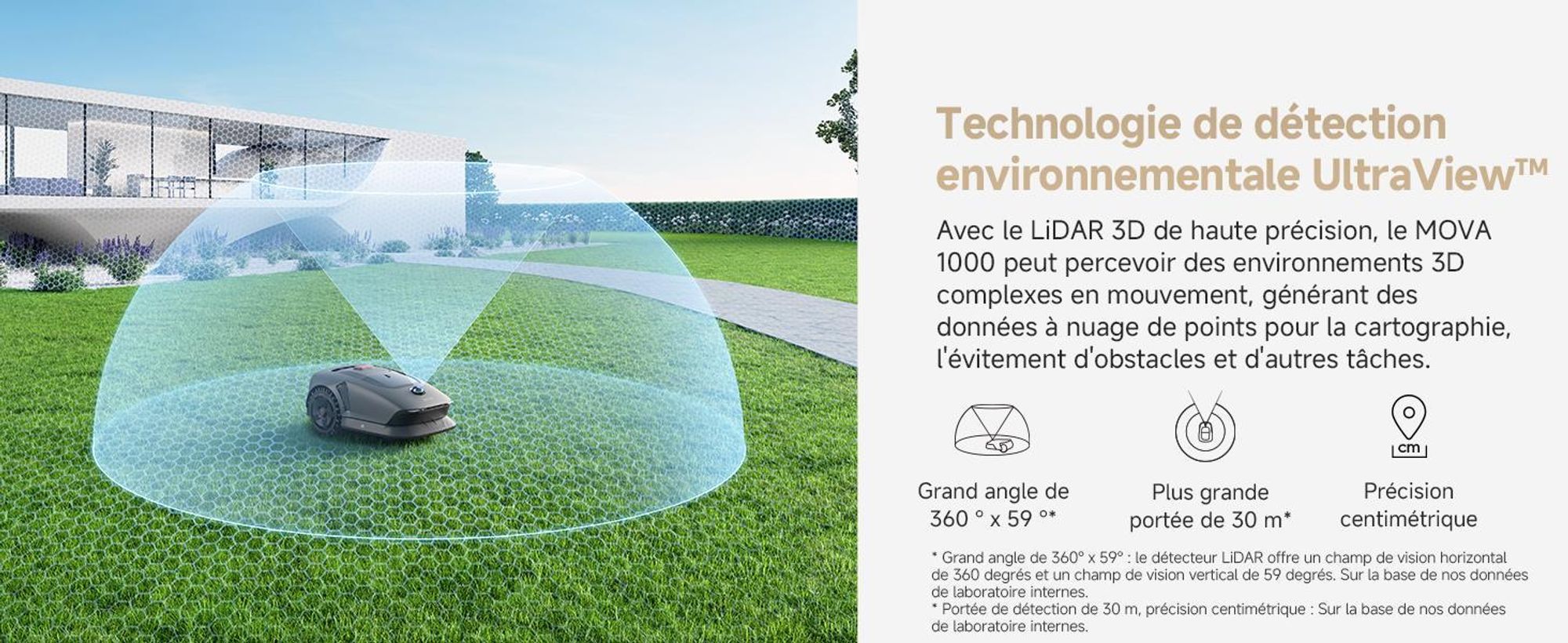 MOVA 1000 Robot Tondeuse 3D-LiDAR jusqu'à 1000 m², installation sans fil, évitement intelligent, App contrôle, roues tout-terrain, coupe en U