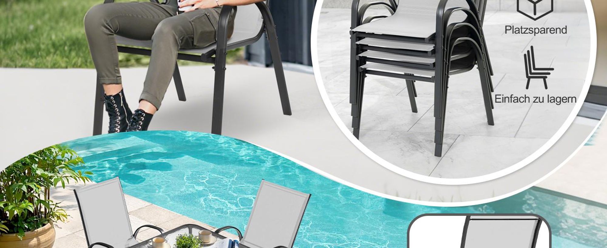 Avestar Gartenstühle 4er Set, Stapelstühle, hochdichtes Textilene, wetterfeste Esszimmerstühle, Gartenmöbel mit Armlehnen, Grauweiß