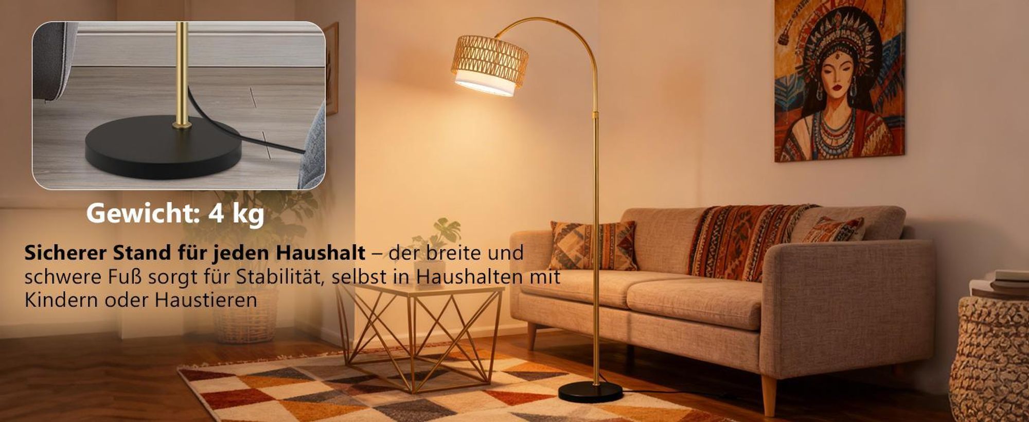 ZMH Stehlampe Boho Rattan Bogenlampe Gold dimmbare Stehleuchte mit Fernbedienung E27 LED Bogen Leselampe 350° drehbar Standlampe für Schlafzimmer Büro