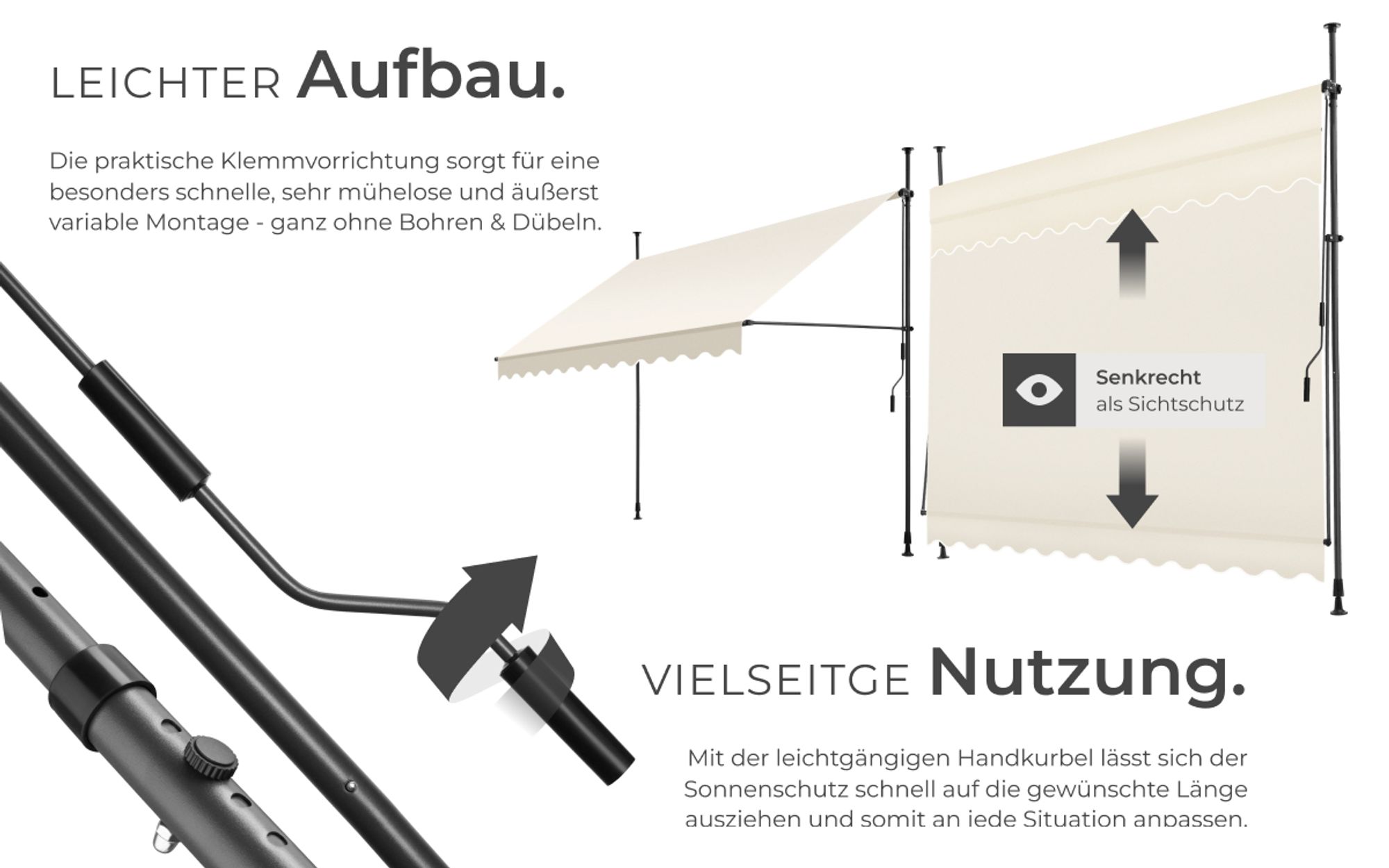 tectake® Klemmmarkise mit Handkurbel einfache Montage