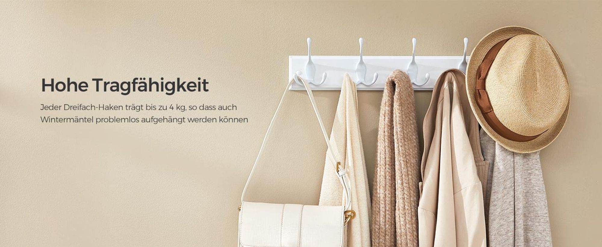 SONGMICS Wandgarderobe, 5 Dreifach-Kleiderhaken, Hakenleiste, Garderobenhaken, Mäntel, Jacken, Hüte, Taschen, Flur, Schlafzimmer, Badezimmer, weiß