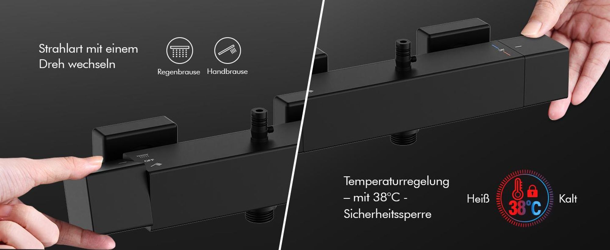 HOMELODY Duschsystem mit Thermostat 38℃ Duscharmatur Schwarz Regendusche Duschset, verstellbare Edelstahl Duschstange Duschset, Messing