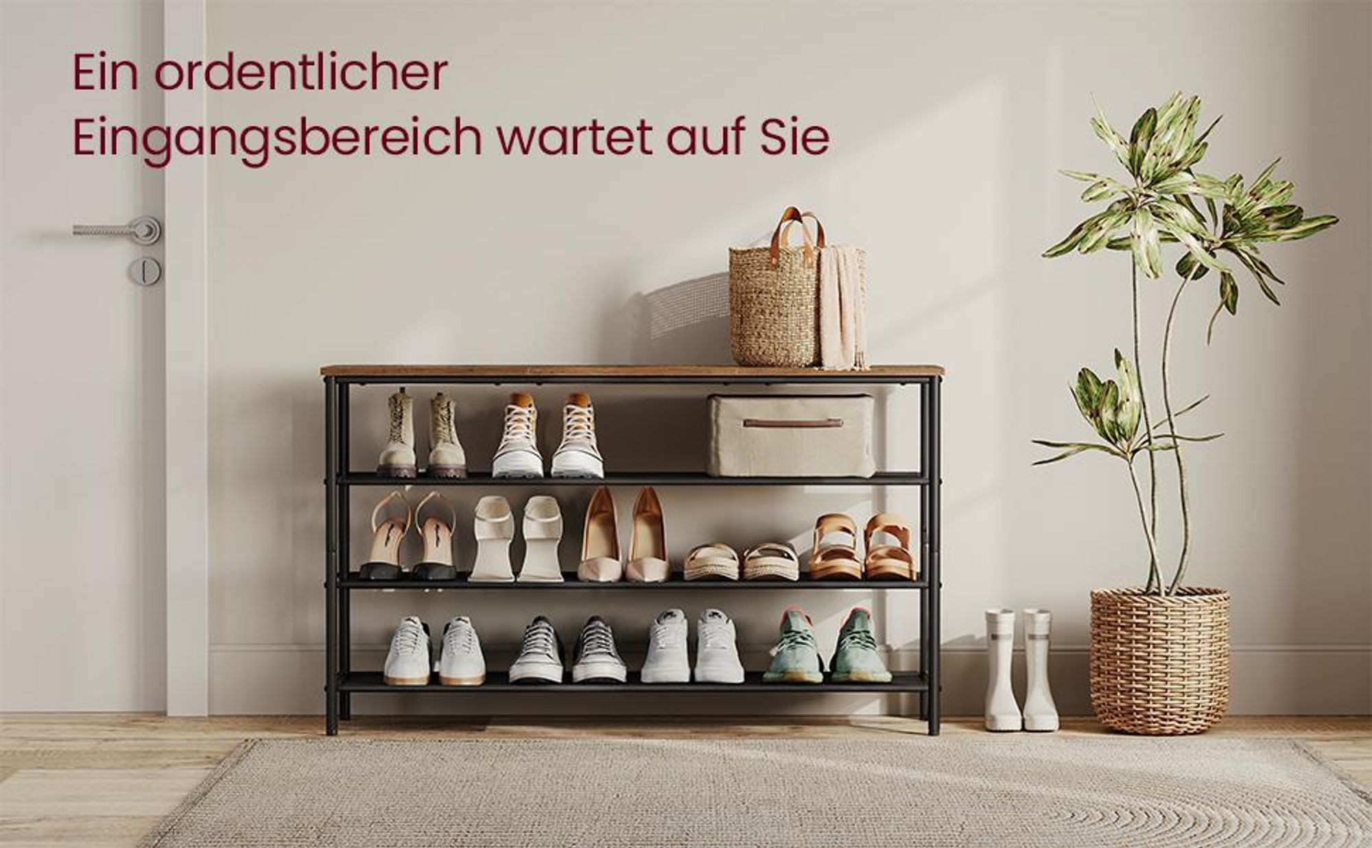 VASAGLE Schuhregal mit 4 Ebenen große Oberfläche für Taschen Schuhablage vintage