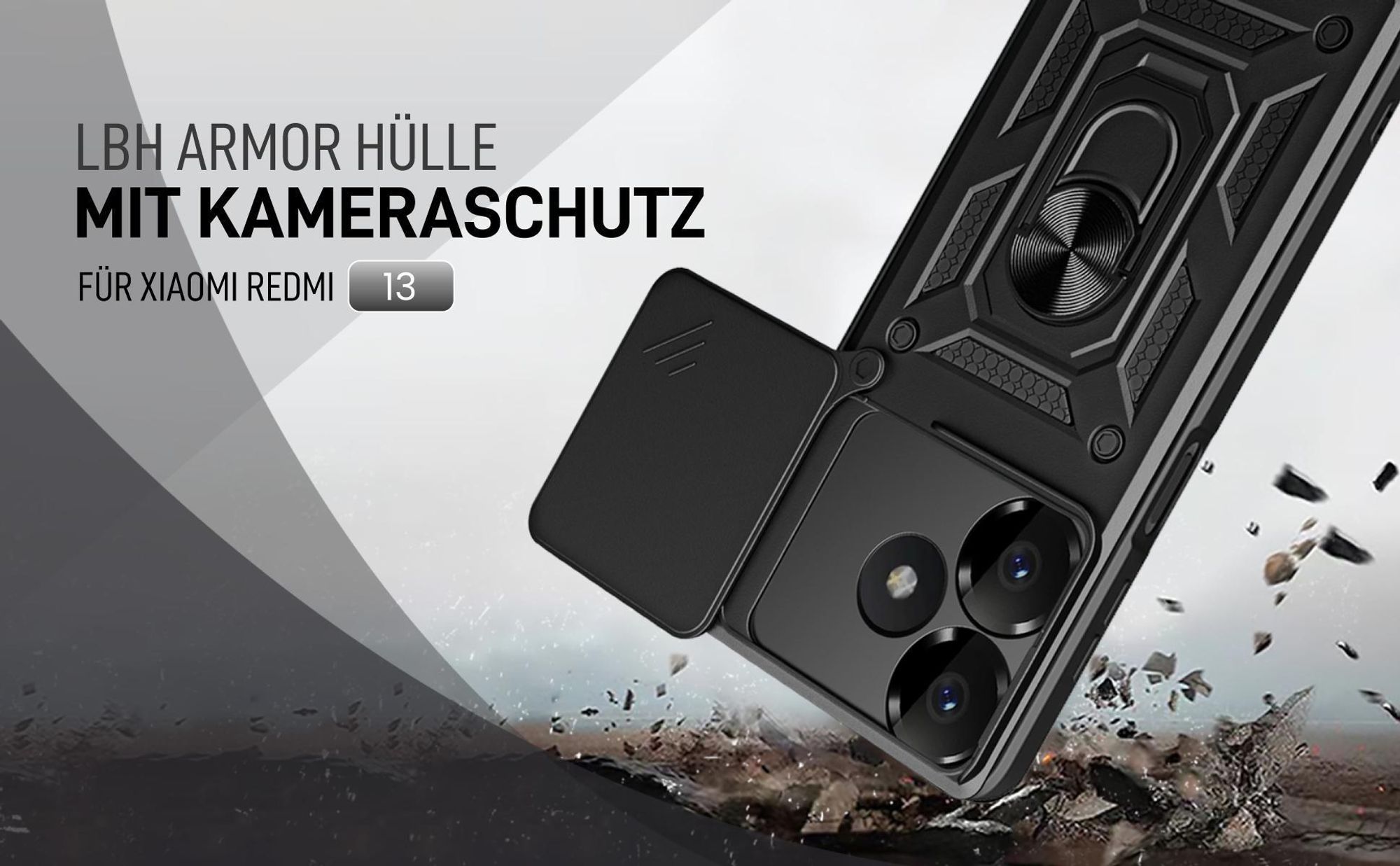 Schwarze Outdoorhülle mit Kameraschutz für Xiaomi Redmi 13