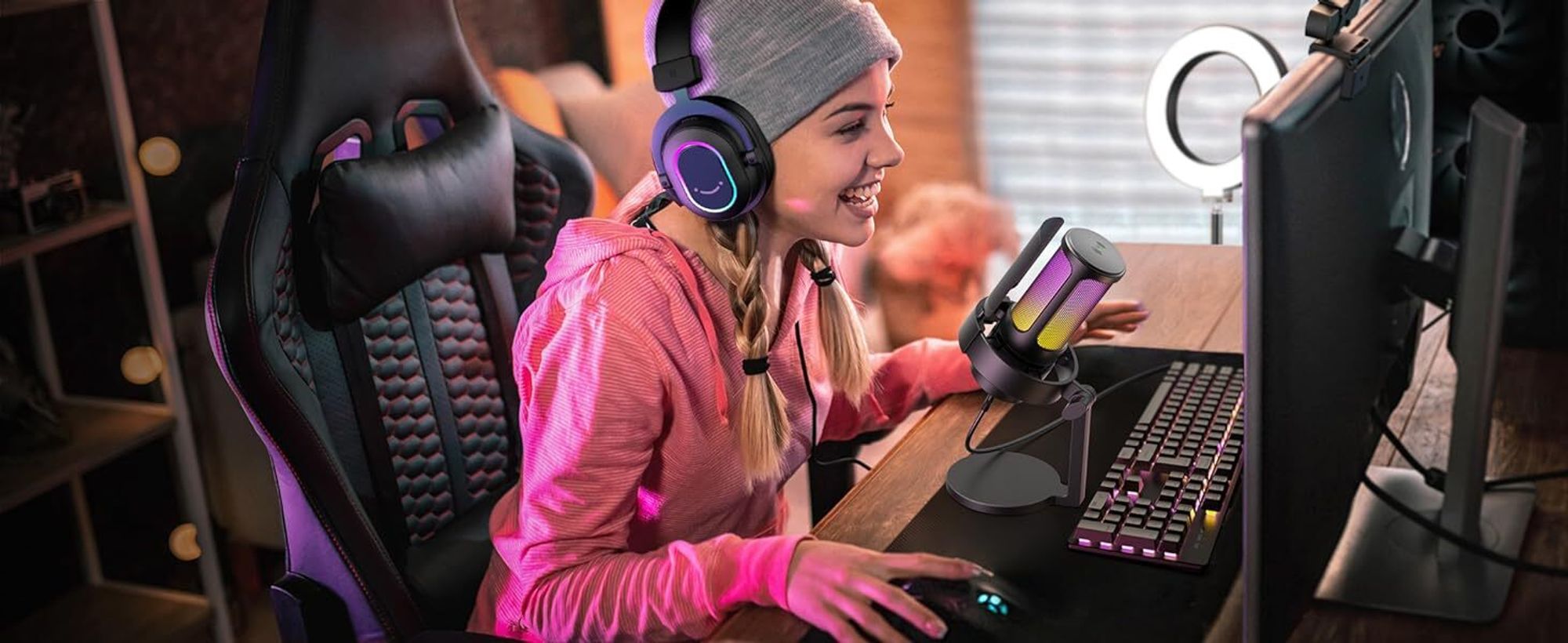 FIFINE Microphone USB set Podcast Studio PC Kondensator Gaming RGB-Steuerung, Stummschalter