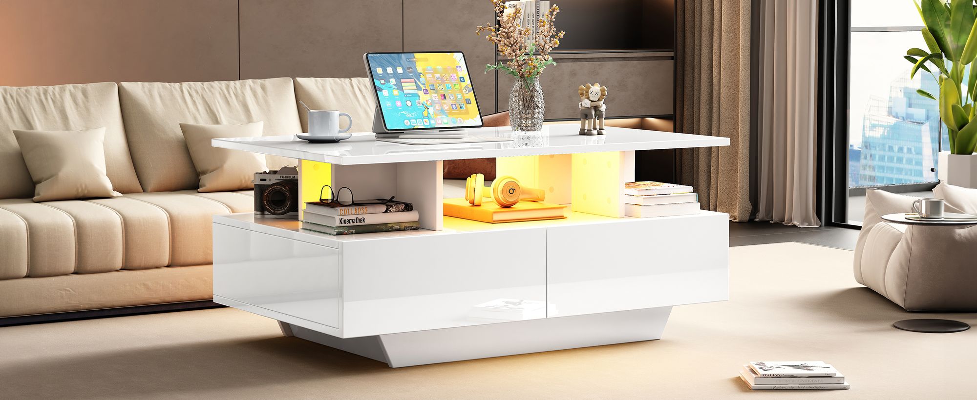 okwish Hochglanz-Couchtisch Beistelltisch mit LED-Beleuchtung und 2 Schubladen,90x55x41–Beistelltisch mit Stauraum,Belastbar bis 30 kg, Weiß