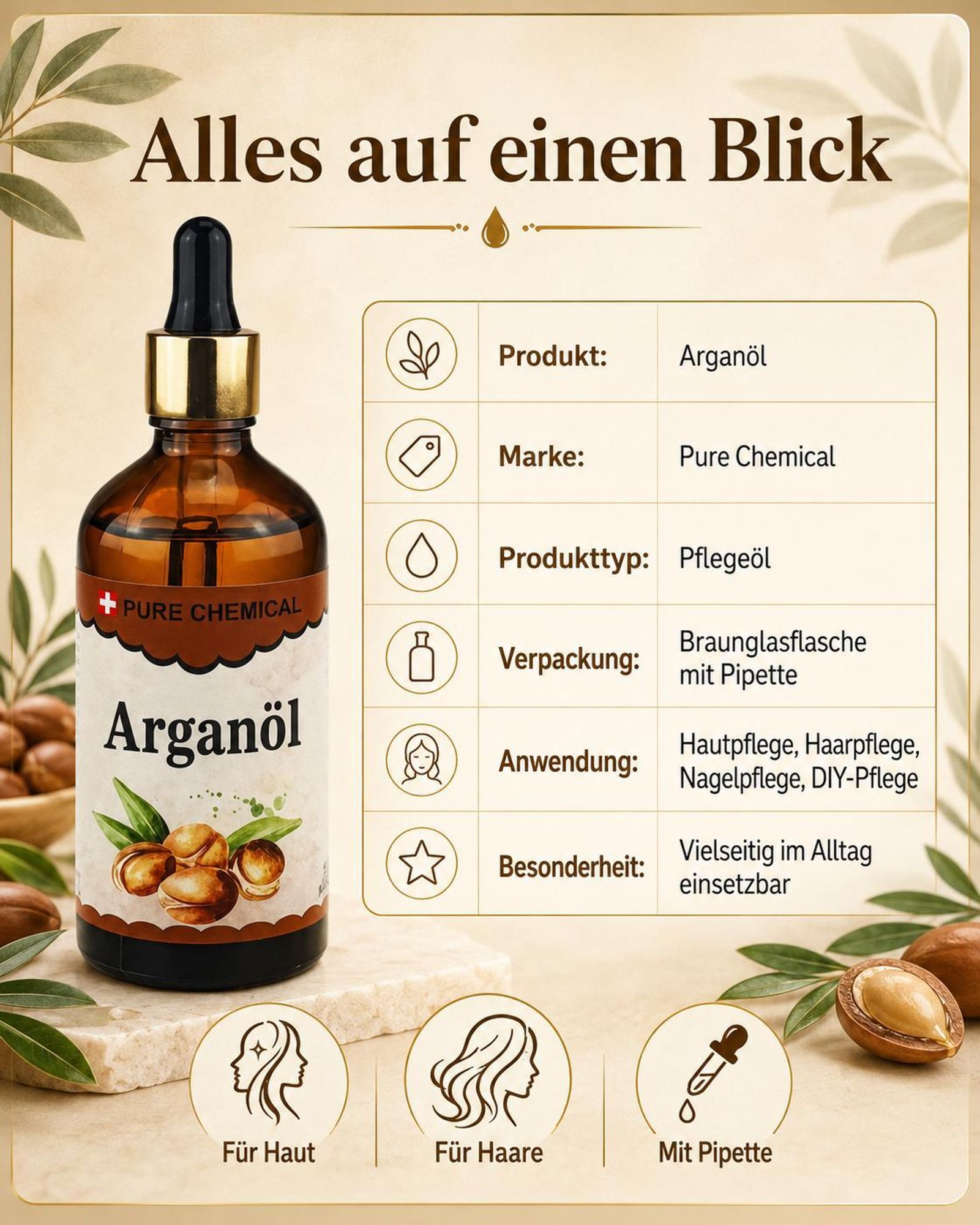 PURE CHEMICAL | Arganöl | Haaröl | Hautöl | Kaltgepresst | 100 ml