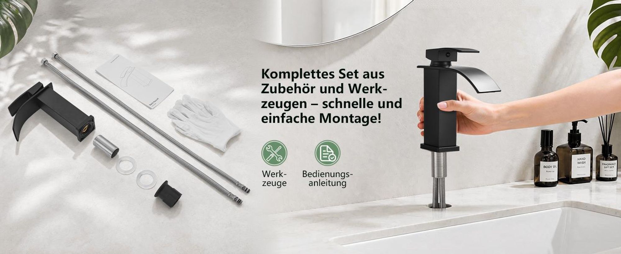 Homelody Wasserhahn Bad Waschtischarmatur Wasserfall Waschbecken Armaturen Schwarz, Mischbatterie Badezimmer Badarmatur waschbecken Einhebelmischer