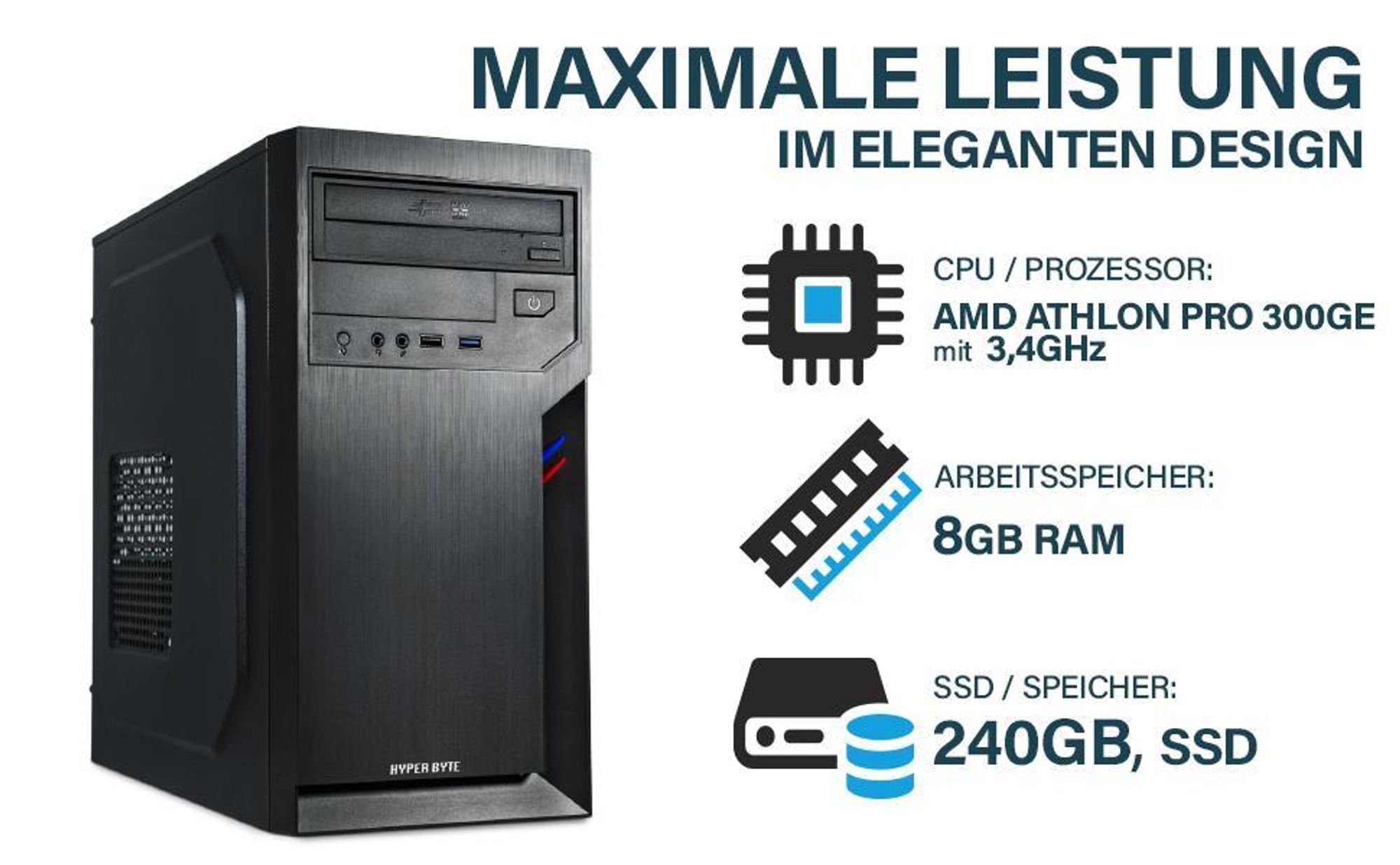 HYPER BYTE® Office PC – Computer mit AMD Athlon Pro mit 3,4 GHz | 8 GB RAM DDR4 | 240 GB SSD | Win 11 Pro | WLAN | USB 3.0 | High End Office Tower-Pc