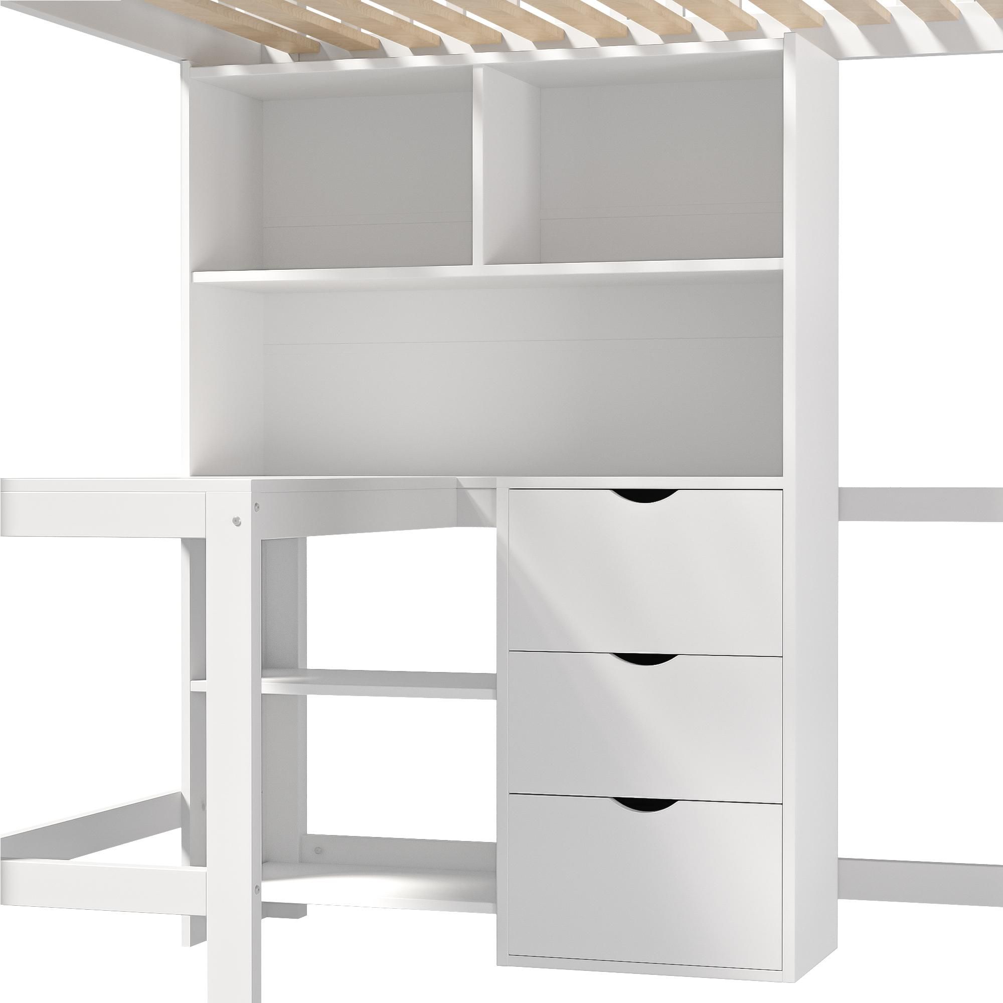 Flieks Etagenbett 90x200cm mit Schreibtisch und Regal, Kinderbett Hochbett mit Lattenrost, Stockbett Einzelbett mit Leiter, Weiß