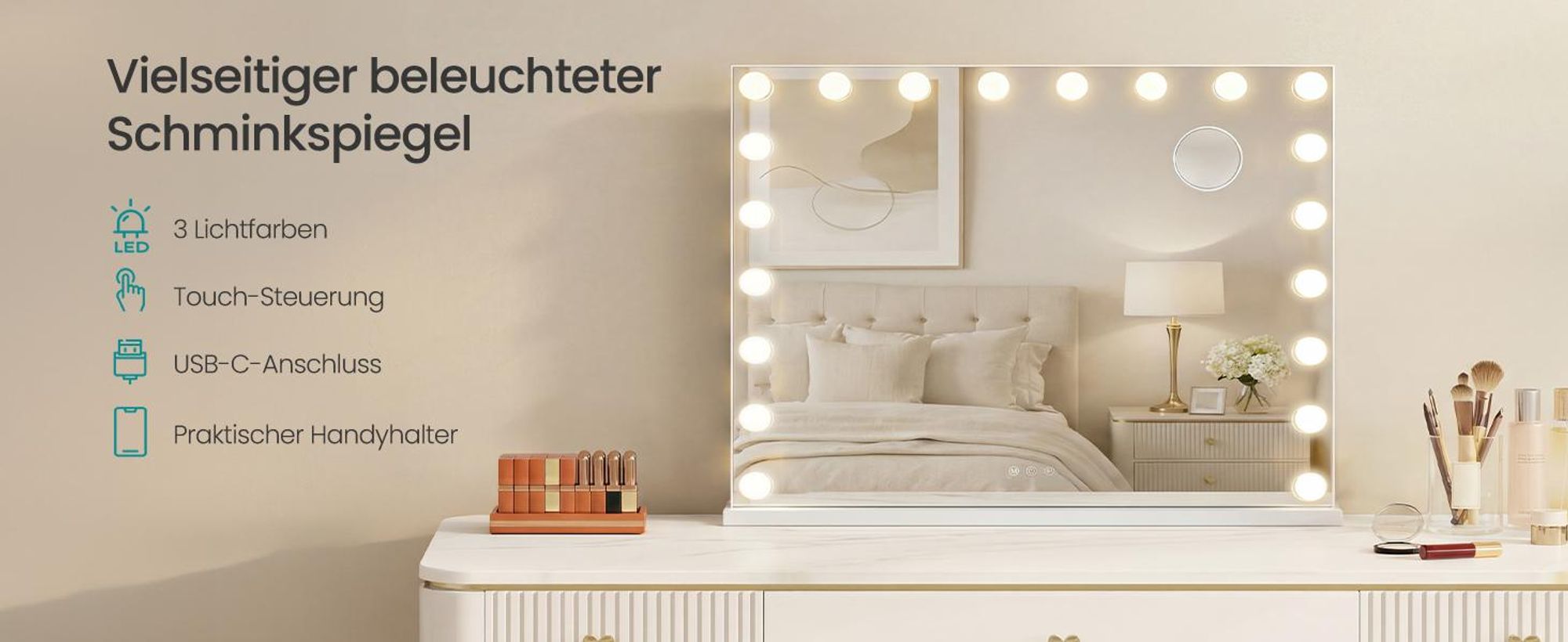 SONGMICS Kosmetikspiegel mit Beleuchtung, 15 LEDs, Dimmbar, 3 Lichtfarben, 62 x 90 x 5,7 cm, Weiß