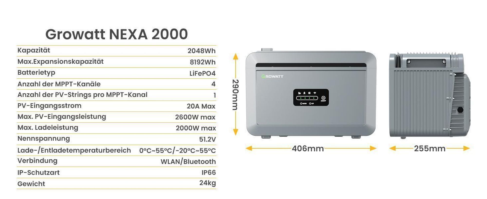 Powerness Balkonkraftwerk mit Speicher Growatt NEXA 2000 All-in-One 2048Wh Speicher mit 2000Wp Full Black Bifazial Solarmodule (0% MwSt)