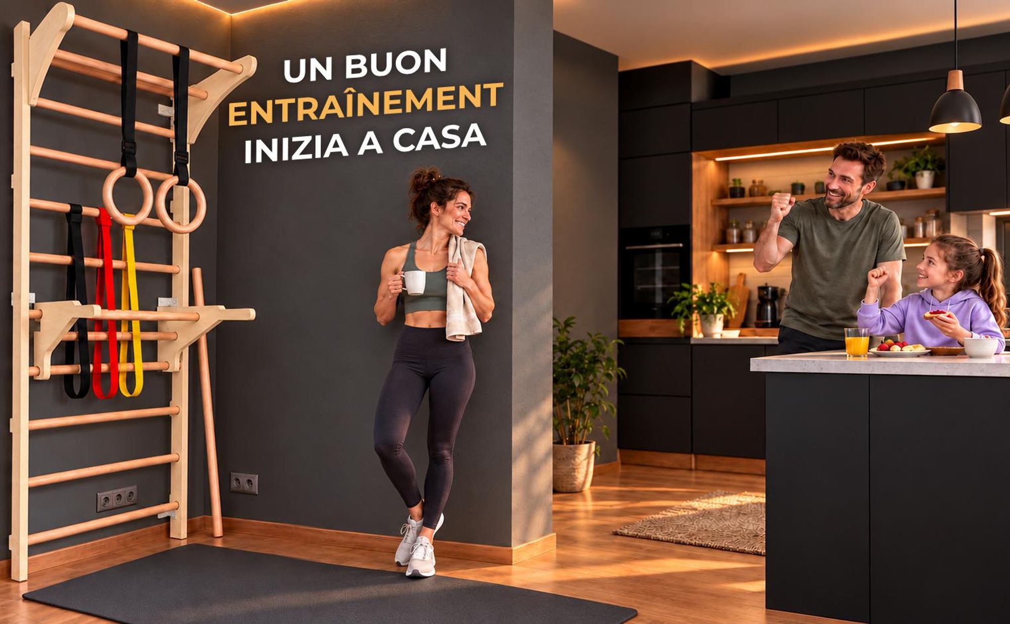 MAMOI Spalliera con barra trazioni, elastici e bastone per stretching